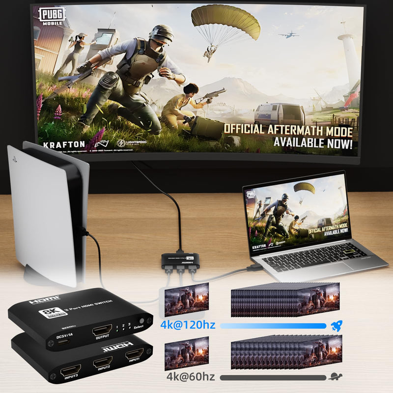 HDMI 2.1 Switch 3 in 1 Out 8k60Hz,3 Port HDMI Switcher 4K@144Hz, 48Gbps,VRR, Dynamic HDR, HDCP 2.3，for PS5/Xbox Series X/Apple TV 8K/Roku Ultra/Fire Stick 8K Max