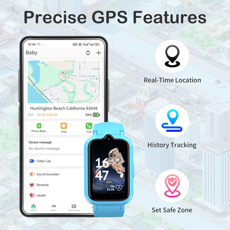4G Kids Smart Watch with GPS Tracker Phone, Smart Watch for Boys Ages 5-12 | Video Calling Voice Chat Alarm Camera School Mode SOS Pedometer Calculator HD Touch Screen Watch Gifts for Kids Blue