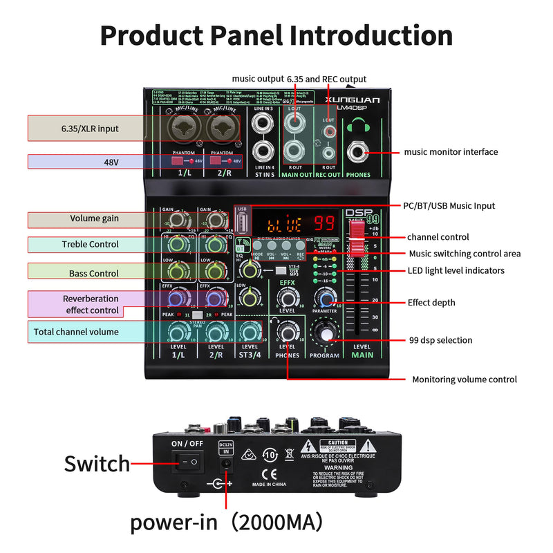 LM4DSP Audio Mixer 4 Channel,99 DSP metal body Sound Board Mixing Console with USB Bluetooth Echo Delay Effect,48V Power for Professional for Recording,Live Streaming,Podcasting DJ Music Application LM4DSP