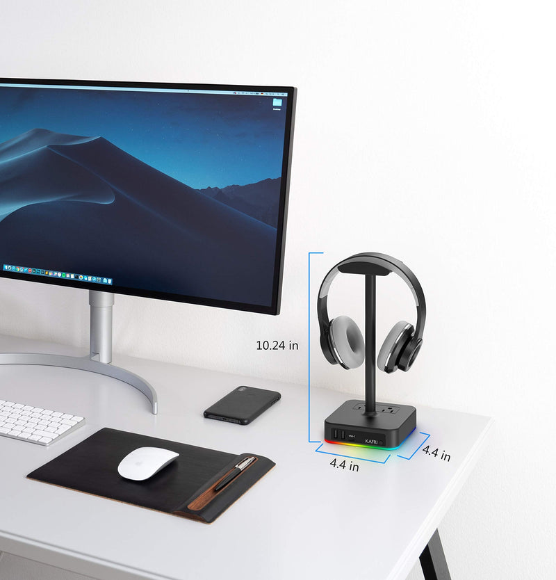 KAFRI RGB Headphone Stand with USB A&C Charger Desk Gaming Headset Holder Hanger Rack with 3 USB Charging Port and 2 Outlet - Suitable for Gamer Desktop Table Game Earphone Accessories Boyfriend Gifts A-ONE STAND