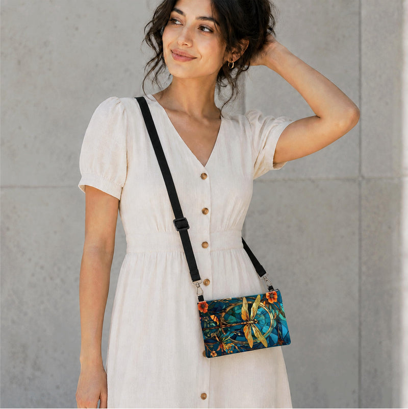 Dragonfly Golden Line Art Phone Case, 2D Flat Fabric Crossbody Pouch | Adjustable Strap, Phone Wallet