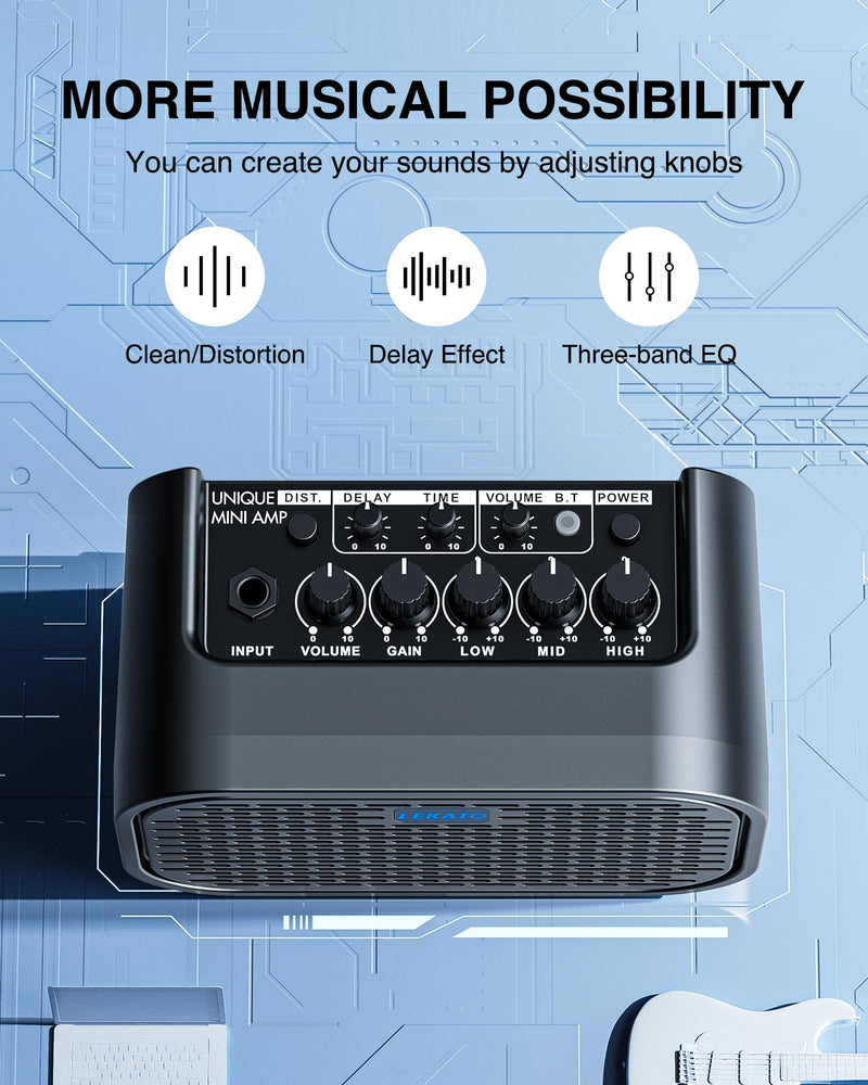 LEKATO Electric Guitar Amp, 10W Mini Guitar Amp, Distortion, Clean, Delay, Three-Band EQ, Gain Regulation, Bluetooth Guitar Amp Portable for Travel, Room Practice Black