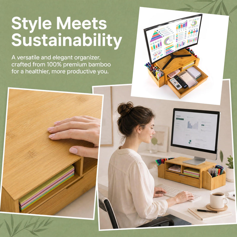 Hiceeden 2 Tier Bamboo Desktop Organizer, Desk Monitor Stand Riser with 1 Drawer and 2 Pen Holder, 2 Compartment Computer Desk Storage Organizer for Laptop, Printer