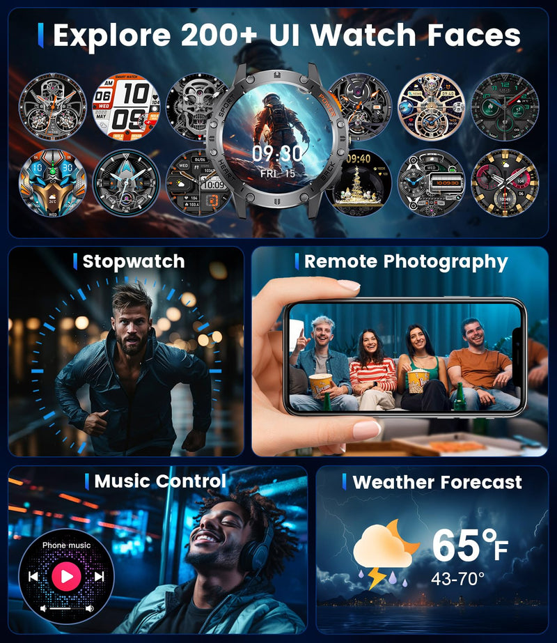 LIGE Military Smart Watch for Men with LED Flashlight, Bluetooth Call, 1.43" AMOLED Screen, 5ATM Waterproof Fitness Tracker, 530mAh Large Battery, 170+ Sport Modes, Compatible iOS Android, 3 Straps Black