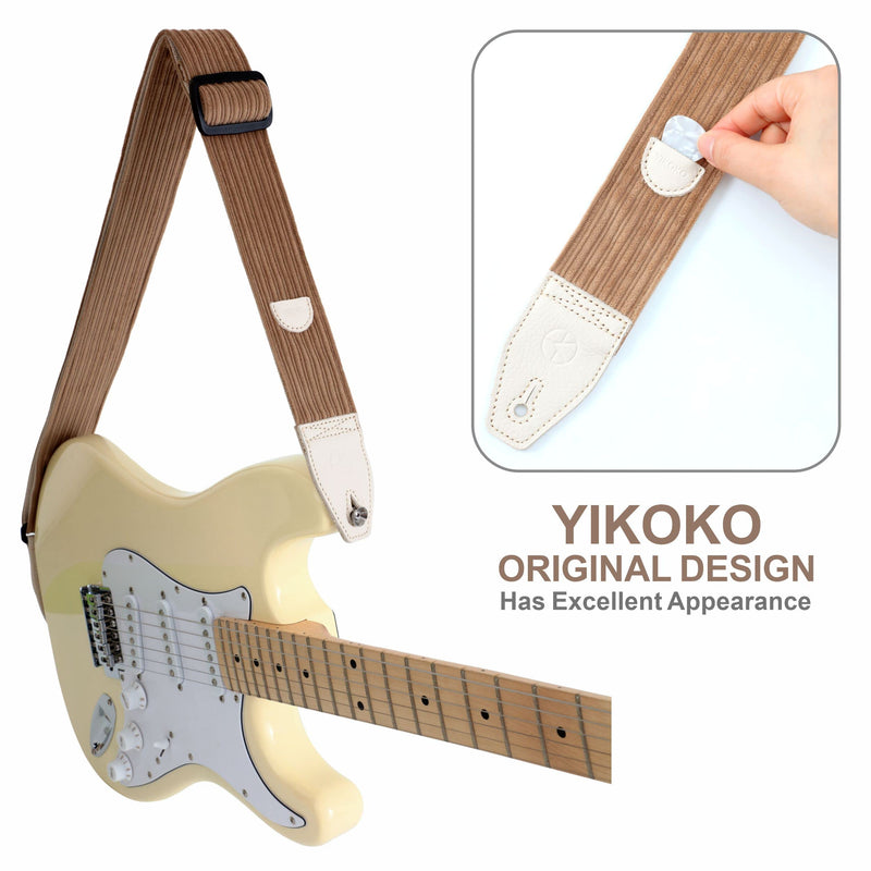 [AUSTRALIA] - Guitar Strap 2 inch Corduroy Guitar Straps with Full Grain Leather End, for Bass Electric and Acoustic Guitars, Free Strap Button, 2 Strap Locks and 4 Guitar Picks Corduroy Series Light Camel 