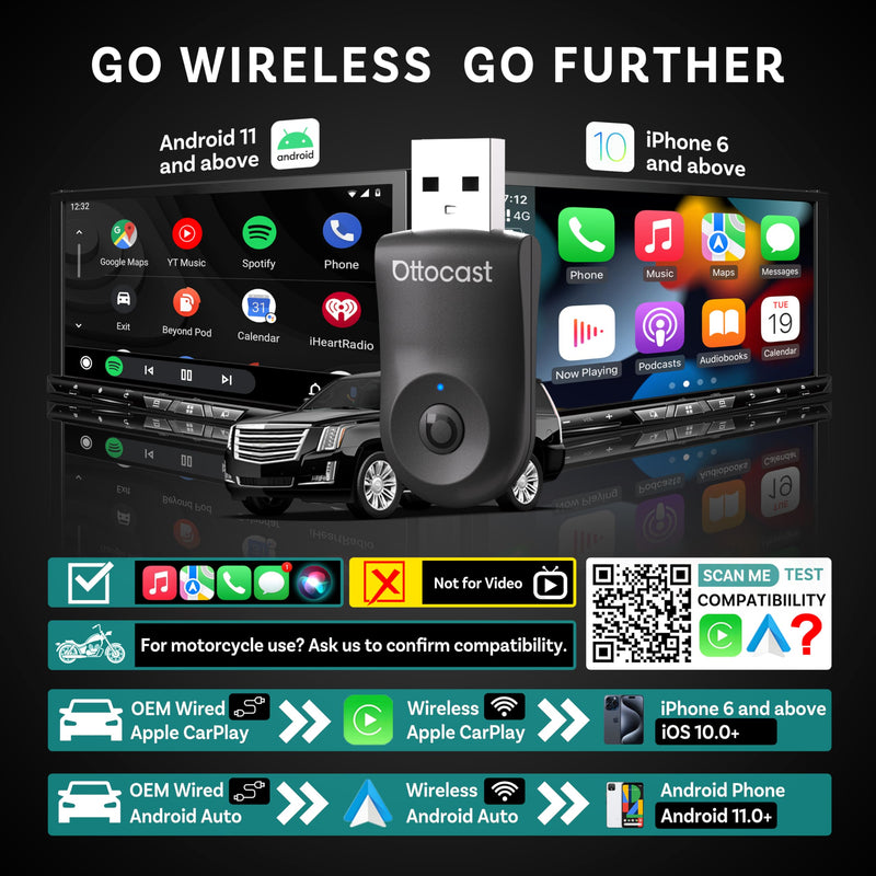 OTTOCAST Mini 2025 Wireless CarPlay & Android Auto 2-in-1 Adapter, Fast Stable Connection, Plug & Play for iPhone & Android Devices (Black) Black