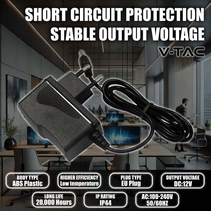 [AUSTRALIA] - V-TAC Power Supply Adapter 12 V 18 W 1.5 A for Cameras, LED Strips, Modem - Transformer 12 V - Power Adapter for Screens and Electronic Devices - Input AC 100-240 V - Euro Plug 