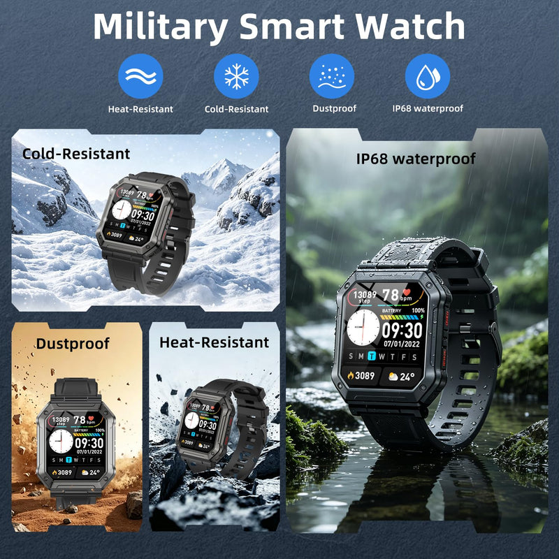 Smart Watch for Men Fitness Tracker: Bluetooth Military Digital Mens Watches Make Answer Call Waterproof Smartwatch Android Phones iPhone Samsung Compatible Running Step Pedometer Heart Rate Monitor Black