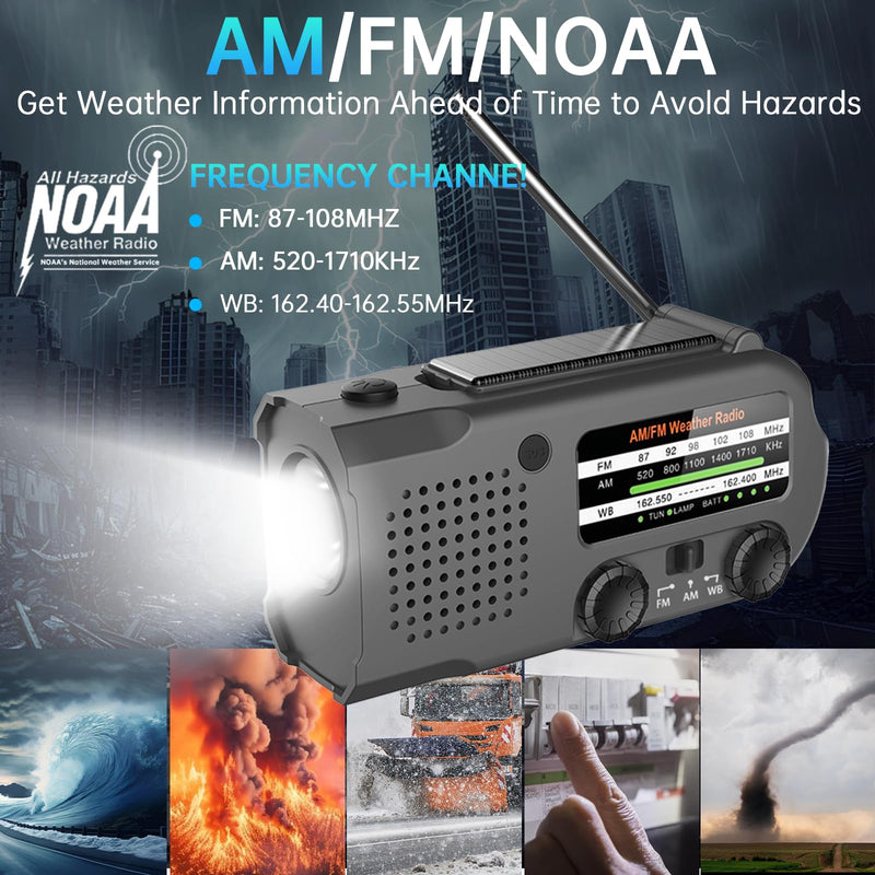 Emergency Radio, Multifunction Solar Crank Radio NOAA Weather AM/FM Radio 5000mAh/18500mWh with USB Charged, Reading Light, Flashlight, SOS Alarm, Headphone Jack Prepare for Emergencies Black