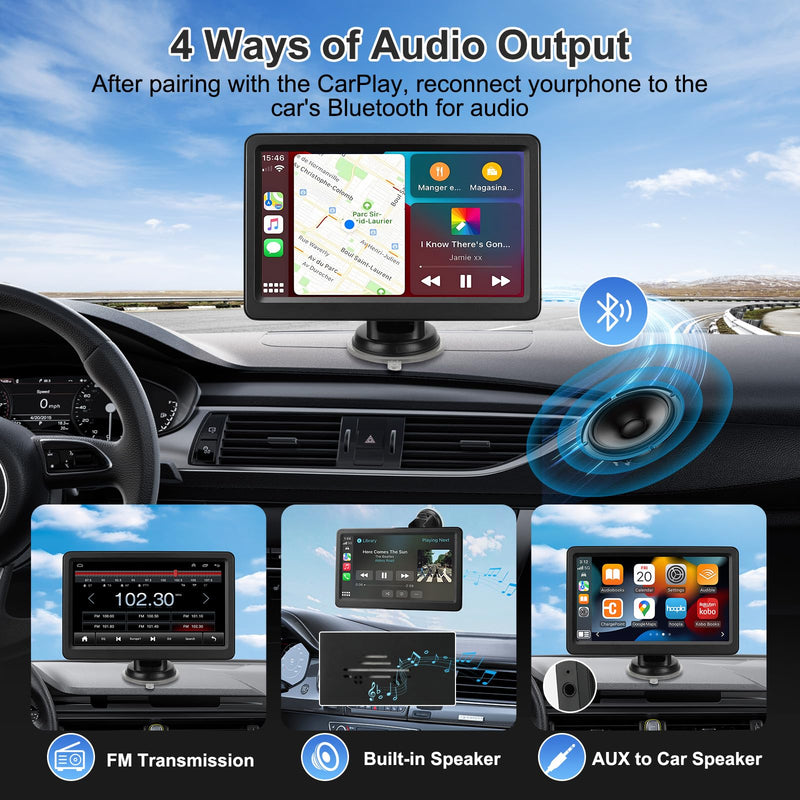 Carplay Screen for Car, 7" Wireless Carplay & Android Auto, Portable HD Touchscreen with Mirror Link, GPS Navigation, Voice Control, Hands-Free Calling, Bluetooth/AUX/FM, Plug & Play Car Play Screen Black
