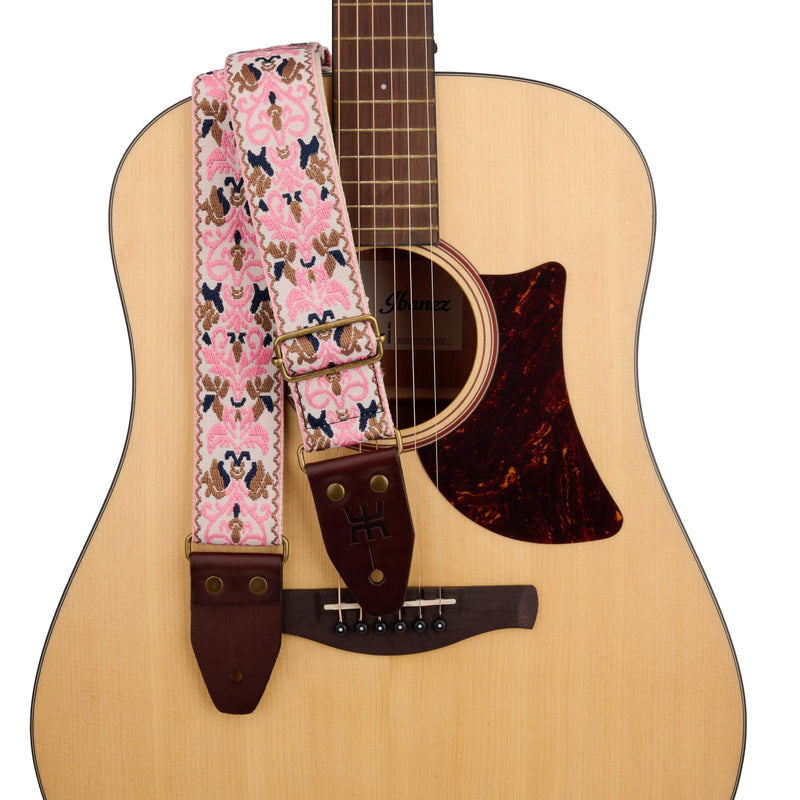Amumu Pink Spades Heart Embroidery Guitar Strap - Vintage Style with Top Grain Cowhide Leather Ends & Pick Pocket - Fits Bass, Electric, Acoustic Guitars