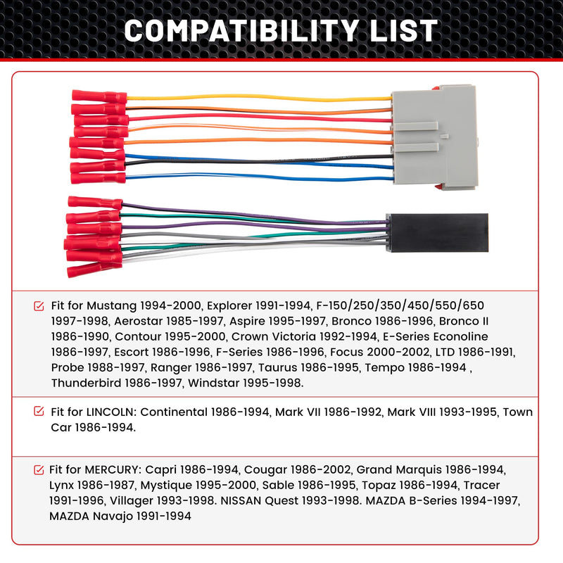 RED WOLF Stereo Harness w/Wire Connector Butt Amplifier Integration Fit for 1986-2000 Ford Mustang Explorer F150/250, Lincoln Town, Mercury Radio Connector Adapter Premium Mach Sound System