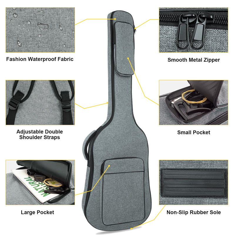 MUZNOTE Bass Guitar Bag Gig Bag Backpack Electric Bass Guitar Case Soft 0.38 inch Padding Lightweight with Pockets Waterproof (Grey) Bass Guitar Bag-6mm