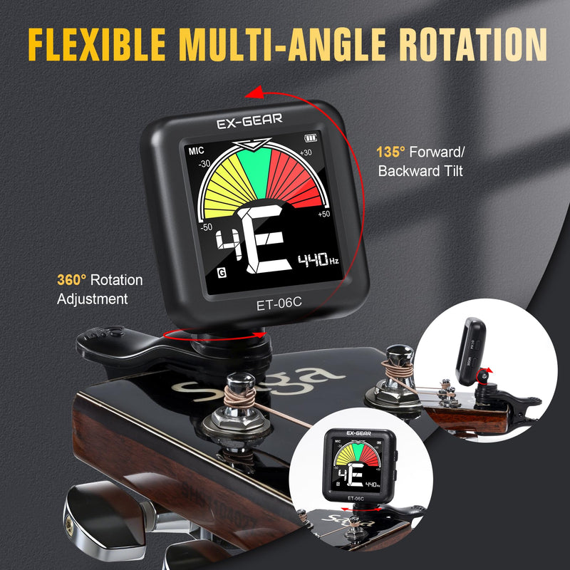 [AUSTRALIA] - EX-GEAR Professional Guitar Tuner Clip On, Quick & Accurate Tuning with Large LCD Screen, 360° Rotatable Rechargeable Acoustic Guitar Electric Guitar Bass Ukulele & Chromatic Tuner 