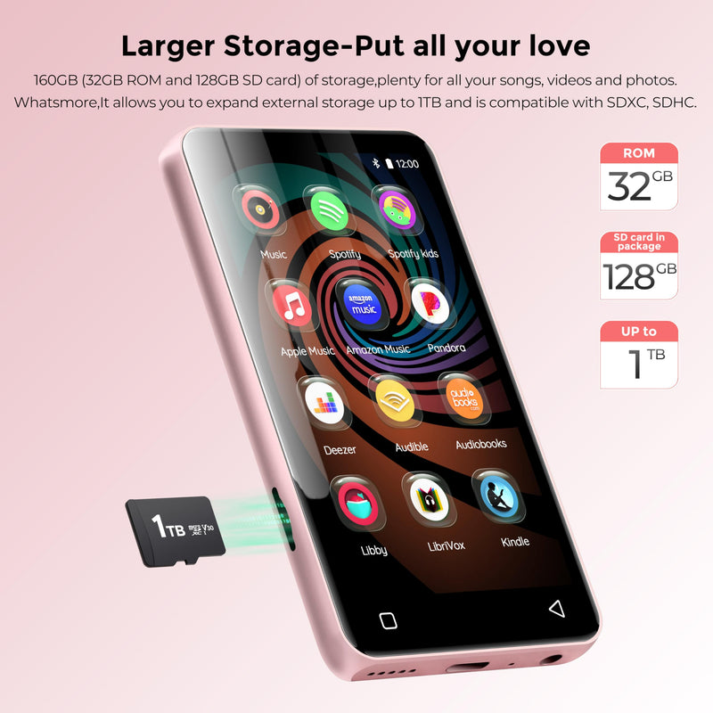 [AUSTRALIA] - 160GB MP3 Player with Bluetooth and WiFi, innioasis Music Player with Spotify,Pandora,Amazon Music,4" Touch Screen Android MP4 MP3 Player for Kids with Libby,Audible,Spotify Kids (White+Pink) Pink+White 