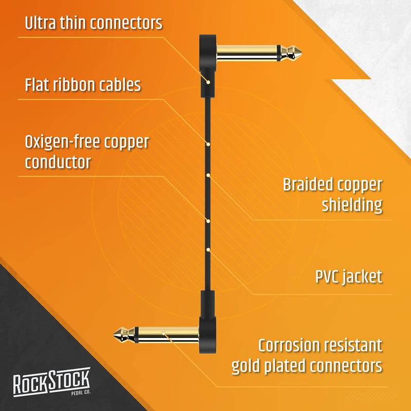 Rock Stock Guitar Flat Patch Cables (Pack of 3) - 12 Inch S-Shape Ultra-Thin Effect Guitar Pedal Patch Cables - Right-Angle, Black with Durable Gold Plated Connectors, Maximize Pedalboard Space 12 Inches