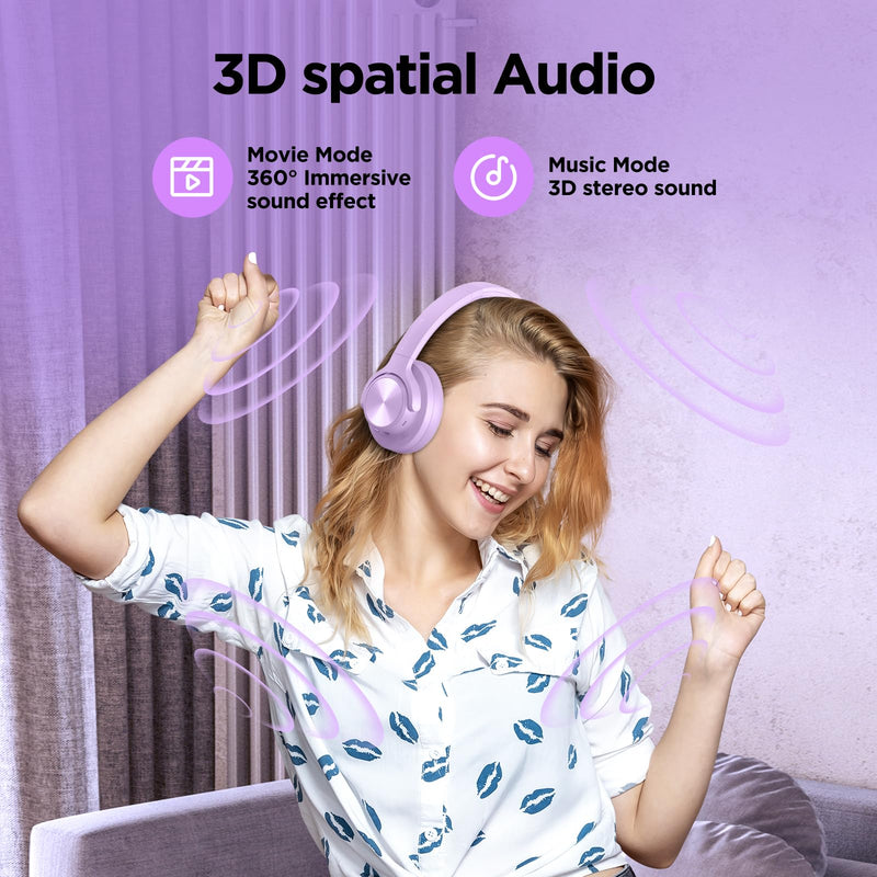 Hybrid Active Noise Cancelling Headphones 130H Wireless Over Ear Headphones | Bluetooth, Hi-Res Sound, Deep Bass, Spatial Audio, Dual Connection, Custom EQ via App, Comfortable Fit for Travel Home Office Purple