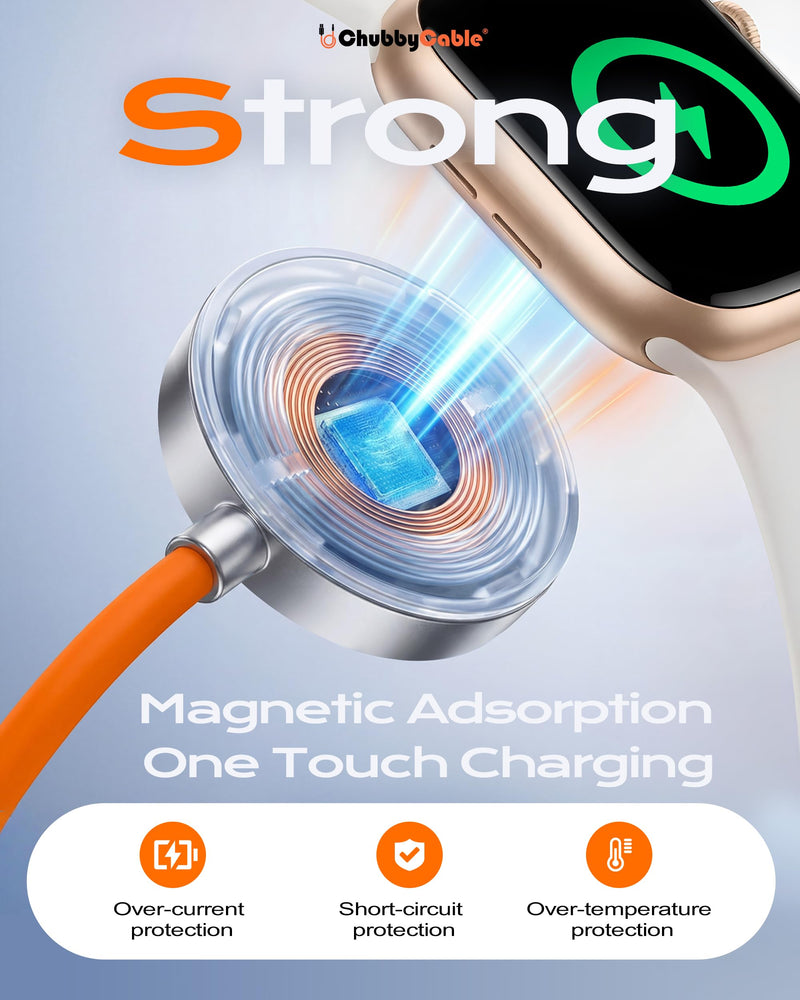 chubbycable 3 in 1 Silicone USB C Cable for Apple Watch, Orange, 4.1FT | Travel Essentials, 100W Fast Charging, Strong Magnetic, 480Mbps Data Transfer, E-Marker Safety Chip, 45,000+ Bend Tested