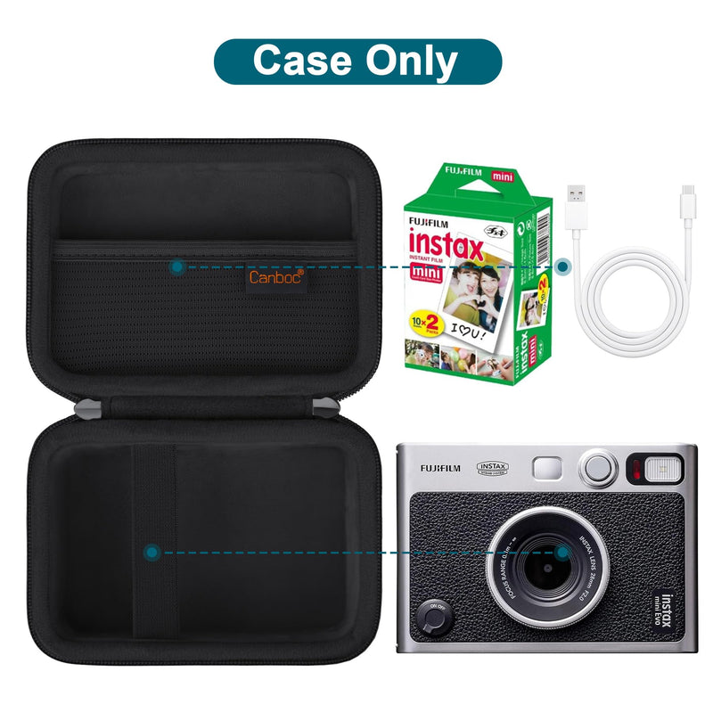 Canboc Carrying Case Compatible with Fujifilm Instax Mini EVO Instant Camera, Mesh Pocket fit Instax Mini Instant Film and Cable, Black