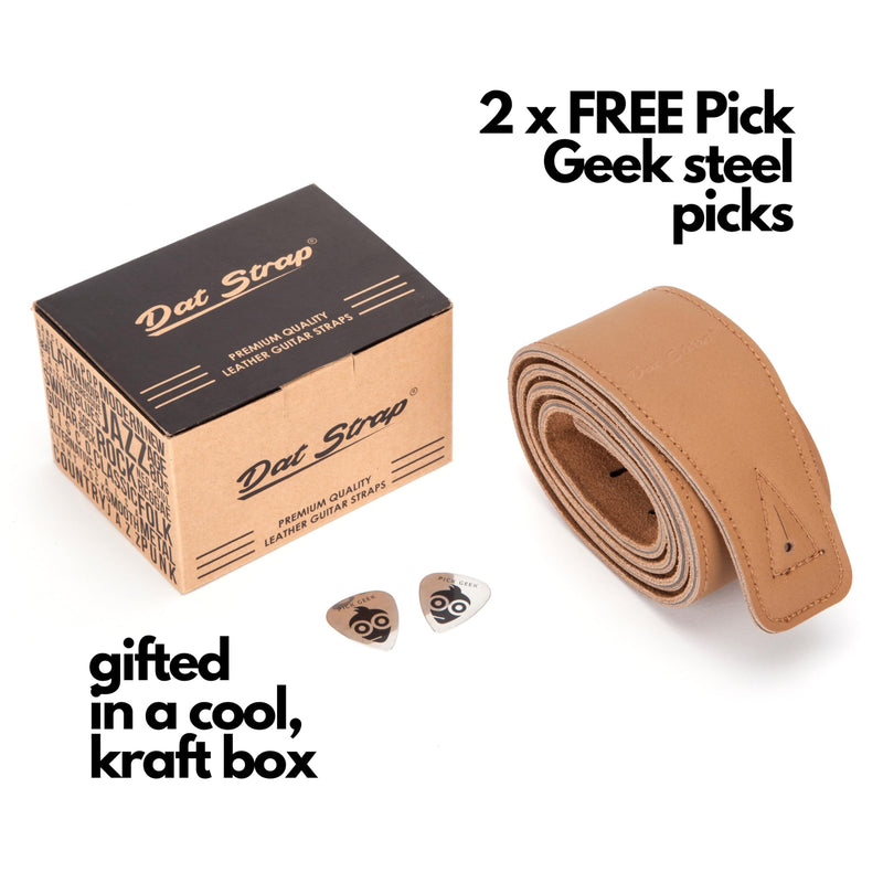 Leather Guitar Strap | for Electric, Acoustic, Electro-Acoustic, Bass, and Classical Guitar | Padded for Extra Comfort | Light Brown | Includes 2 FREE Pick Geek Steel Picks Standard