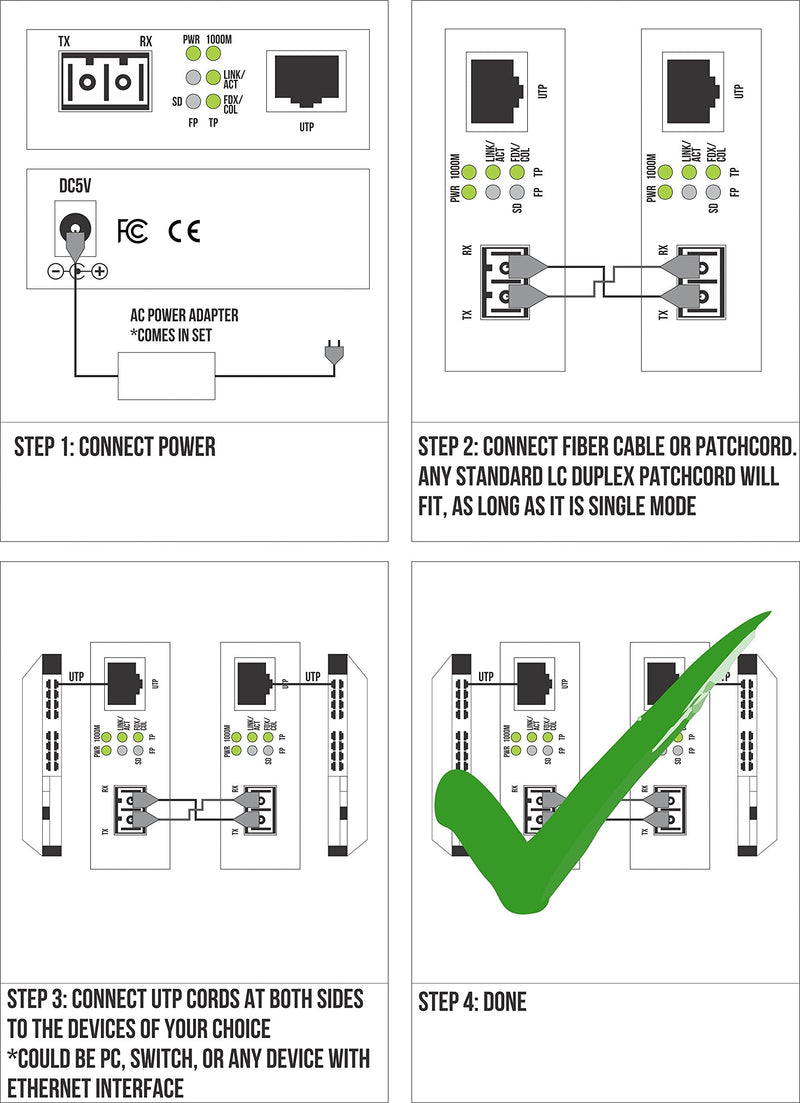 Single Mode LC Gigabit Fiber to Ethernet Media Converter, LC SFP Included | SFP 1310nm 20 km/12.43 miles, Cat6 cable in set - UTP Cat5e Cat6 RJ45 10/100/1000 auto sensing, 1000/100Base-LX, jumbo, LLF