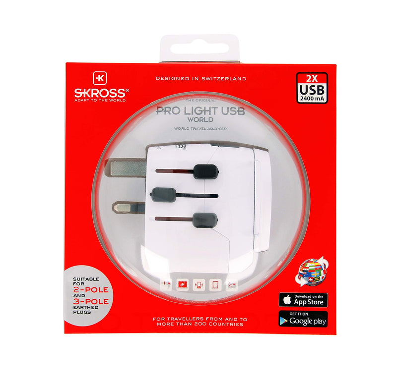 SKROSS Pro Light World Travel Adapter with USB | 3-Pole Travel Adaptor with Slide System | Designed for 200+ Countries | Compact and Reliable | White Pro Light USB Adapter Single