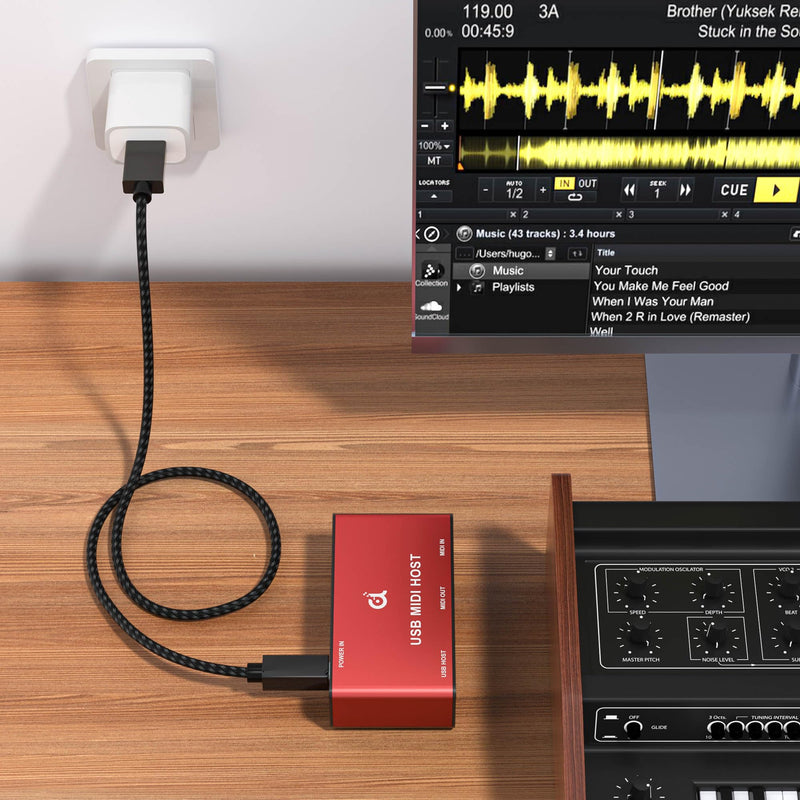 DigitalLife Stand-Alone USB MIDI Host Bridge Box - 1-In/1-Out 5-PIN DIN MIDI Interfaces, LED Indicator, Metal, Red (No computer needed) MIDI-Host (Red)