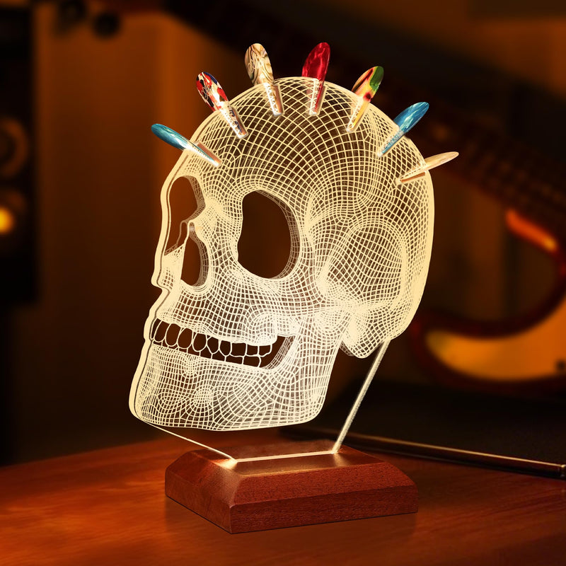 Light Up Guitar Pick Holder, Acrylic Skull Pick Holder with Wooden Base for Picks Storage and Display, Gift for Guitar Players Guitarists