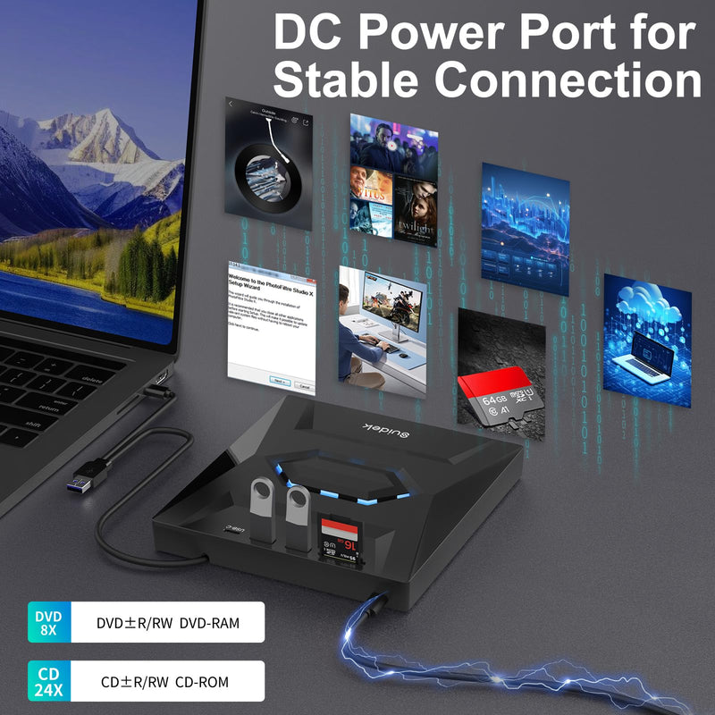 [AUSTRALIA] - SUIDEK External CD DVD Drive for Laptop, USB C Portable CD/DVD +/-RW Burner DVD Player with SD Card Reader USB 3.0 Type C Hub Compatible with Laptop PC Windows Linux Space Black 