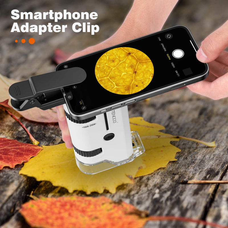 100x-250x Mini Pocket Microscope for Kids Adults, Protable Handheld Microscope with 5 Microscope Slides, Phone Adapter, Miniscope Portable Microscope Kit for Kids Adults Science Lab Education,White White