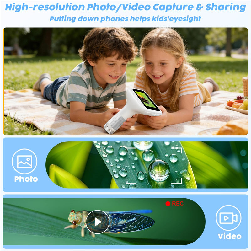 [AUSTRALIA] - 1000X Handheld Digital Kids Microscope with 3.0" IPS Screen, USB-Powered STEM Educational Science Toy with 8 LED Lights & Photo/Video Capture, Portable Learning Gift for Boys & Girls White 