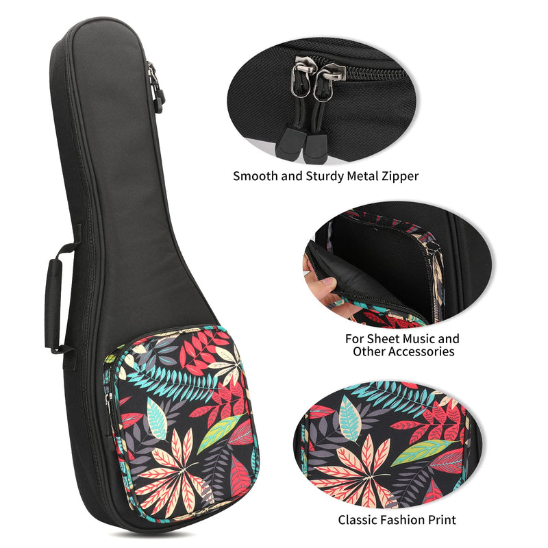 Ukulele Bag,21 23 26 Ukelele Case Thicker Pad For Soprano Concert Tenor Uke with Double Adjustable Straps and Handle (23 Inch, Black Leaves) 23 Inch