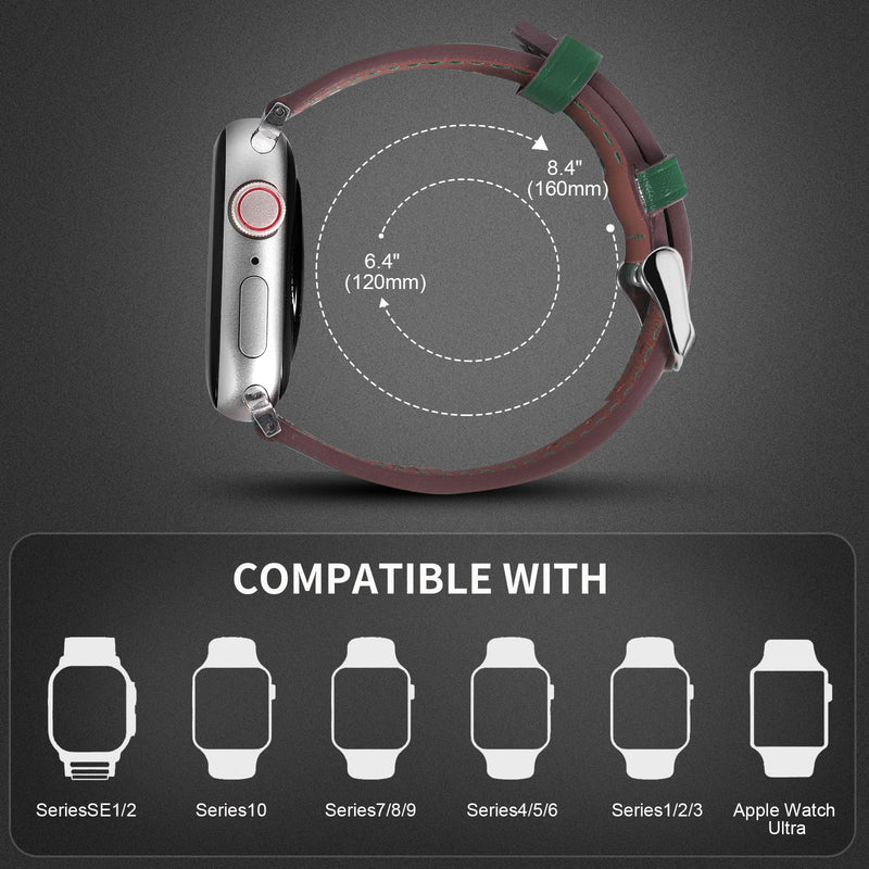 2 Pack Leather Bands(Red,Green) Compatible with Apple Watch 40mm 38mm 41mm 42mm 44mm 45mm 46mm 49mm, Soft Leather Watch Replacement Band for Watch Series Ultra SE 10 9 8 7 6 5 4 3 2 1 for Women Men
