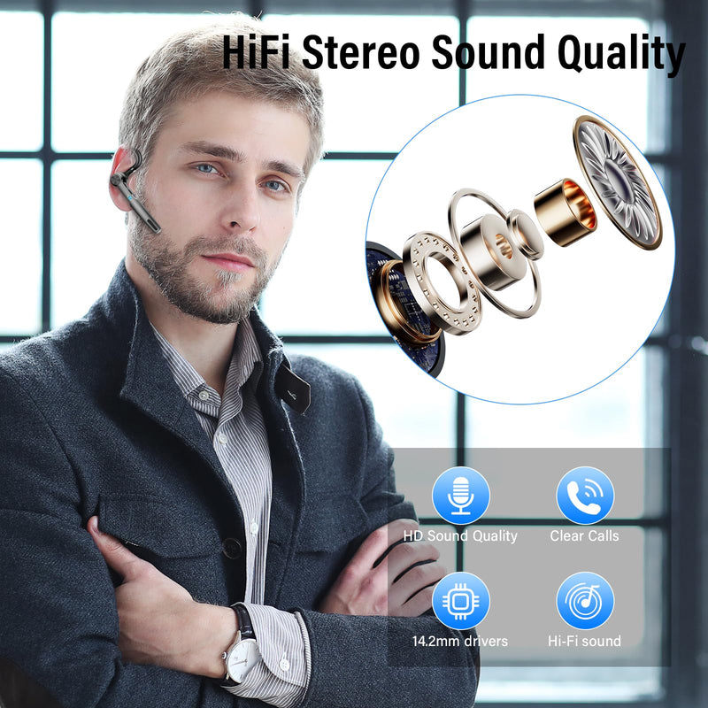 Bluetooth Headset, 2026 Wireless Bluetooth 5.3 Earpiece, 60 Hours Single-Ear Headset with Mute Button, Dual Noise Cancelling Mics, IP7 Waterproof Hands Free Headphone for Trucker, Business, Black