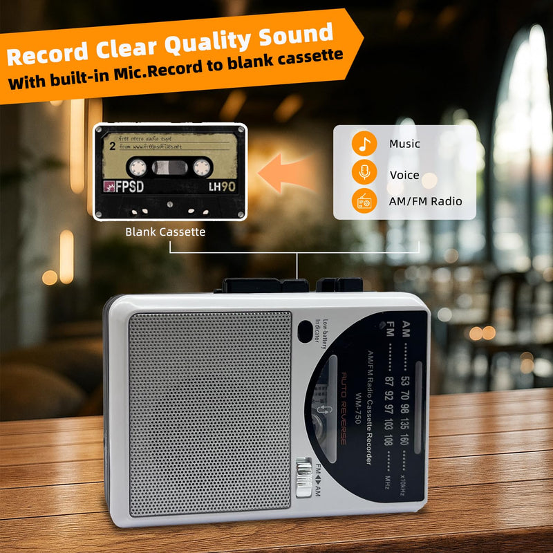 [AUSTRALIA] - Cassette Tape Player, Cassette Recorder with Automatic Rewind, AM/FM Battery Powered Radio with 3.5MM Headphone Jack, Big Speaker, Microphone Jack, Powered by DC or AA Battery (White) 