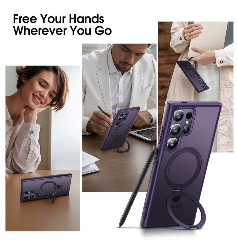CASEKOO Genuine Official Magnetic Ring Stand for Samsung Galaxy S24 Ultra Case [Military Drop Protection] [Compatible with MagSafe] Matte Translucent Slim S24 Ultra Case 6.8'' 2024, Purple Samsung Galaxy S24 Ultra With S Pen