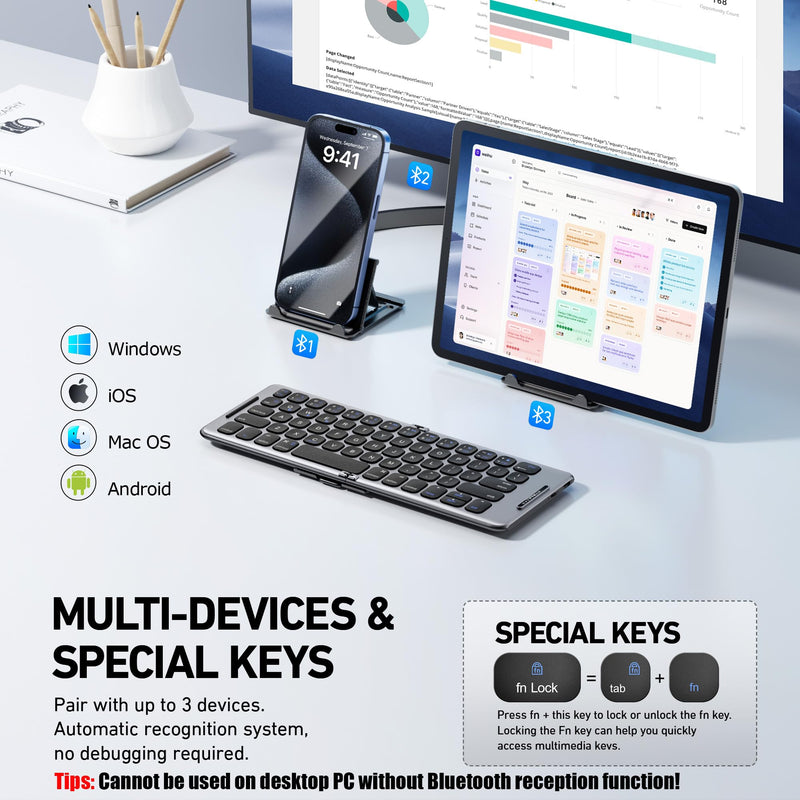 Foldable Bluetooth Keyboard with Stand Holder, Folding Keyboard Bluetooth Phone Keyboard, Rechargeable Ultra Slim Bluetooth Travel Keyboard for iOS, Android, Fit Phone Pad Tablet Laptop, B088