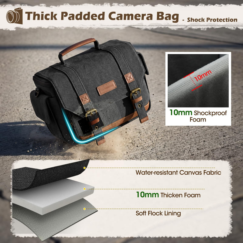 RAINSMORE Camera Sling Bag Canvas Crossbody Camera Case with Rain Cover | Water-Resistant Camera Shoulder Bag for DSLR Mirrorless Compact Camera Bags with Removable Dividers, Tripod Holder for Travel Black