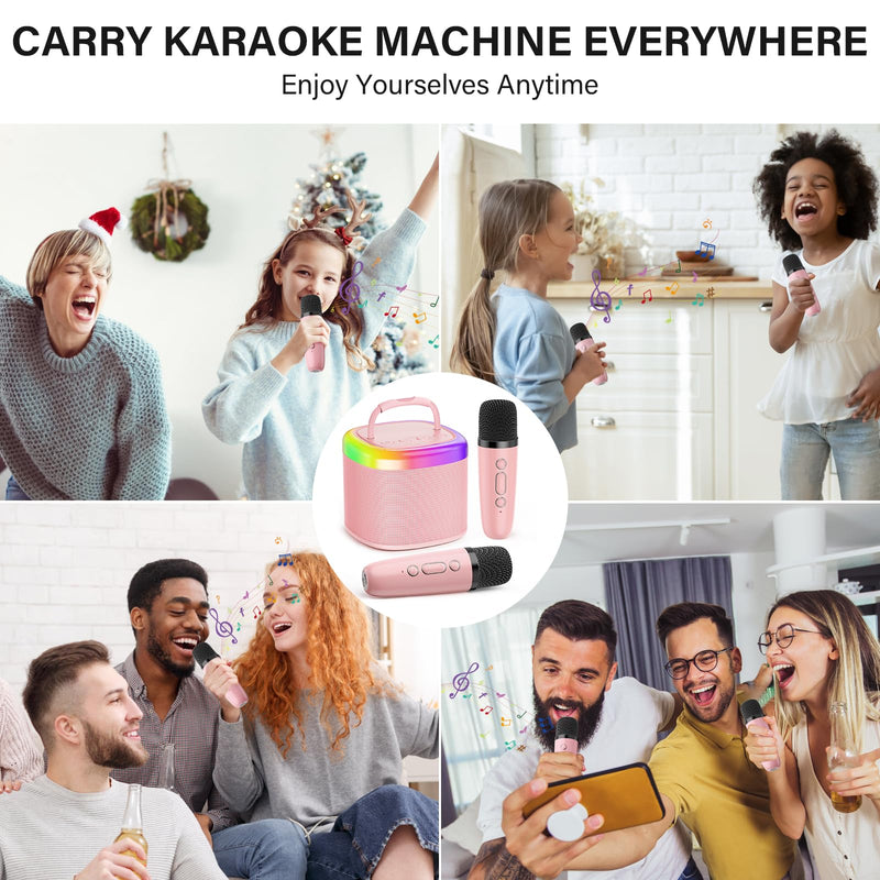 JYX Mini Karaoke Machine for Kids, Portable Bluetooth Karaoke Speaker Unpowered Cabinets with 1 Wireless Microphones and Party Lights and Adults, Birthday Gifts for Girls Boys Family Home Party(Pink) Pink-2Mic