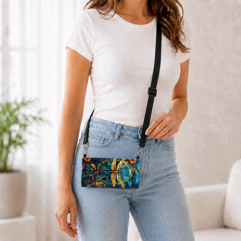 Dragonfly Golden Line Art Phone Case, 2D Flat Fabric Crossbody Pouch | Adjustable Strap, Phone Wallet
