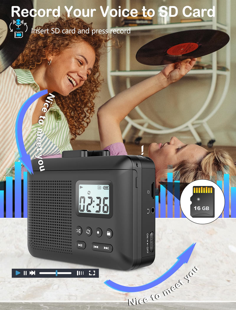 [AUSTRALIA] - Portable Cassette Player,Cassette to MP3 via SD Card, Walkman Cassette Tape Player with 1000mah Rechargeable Battery,Built-in Microphone&Speaker,Headphone Jack,16GB SD Card(Black) Black 