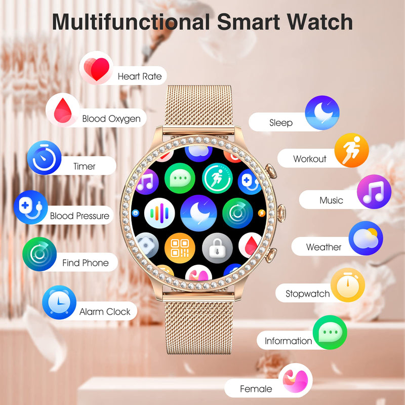 Women's Smart Watch(Call Receive/Dial), Fitness Tracker Waterproof Smartwatch for Android iOS Phones with 1.32" HD Full Touch Screen AI Voice Control Heart Rate Sleep Monitor Pedometer Rose Gold