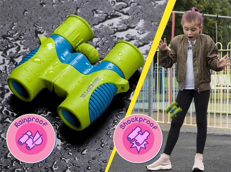 Kids Binoculars girls or boys Real Binoculars in Green Blue - Binoculars for Toddlers up to Kids age 14 - includes sticker book with 40 Bird Species