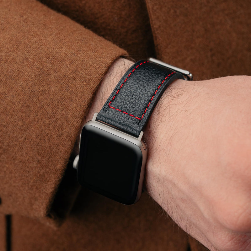 TORRO Leather Watch Strap Compatible with Apple Watch (All Series, SE and Ultra) – Genuine Leather Watch Band with Stainless Steel Buckle Black with Red Detail 42mm, 44mm, 45mm, and 49mm