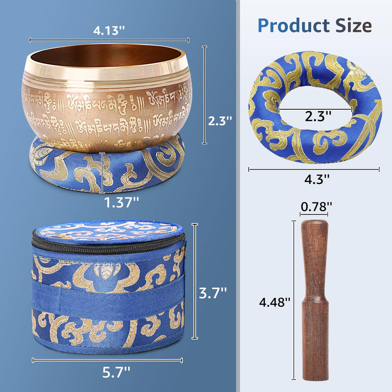 Tibetan Singing Bowls Set, SHANSHUI Meditation Sound Bowl hand Hammered in Nepal For Yoga, Mindfulness, Healing & Chakra Balancing 4 in Blue