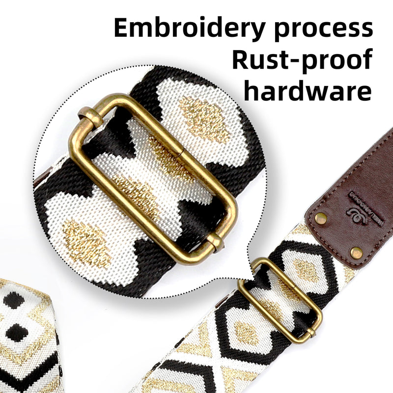 Guitar Strap, Woven Guitar Straps with Double Vegetable-Tanned Cowhide Leather Ends for Bass Guitar, Electro Acoustic Guitar, Gift for Kids and Guitarists (Black Gold) Black and gold geometric pattern Adjustable 38-63 inches
