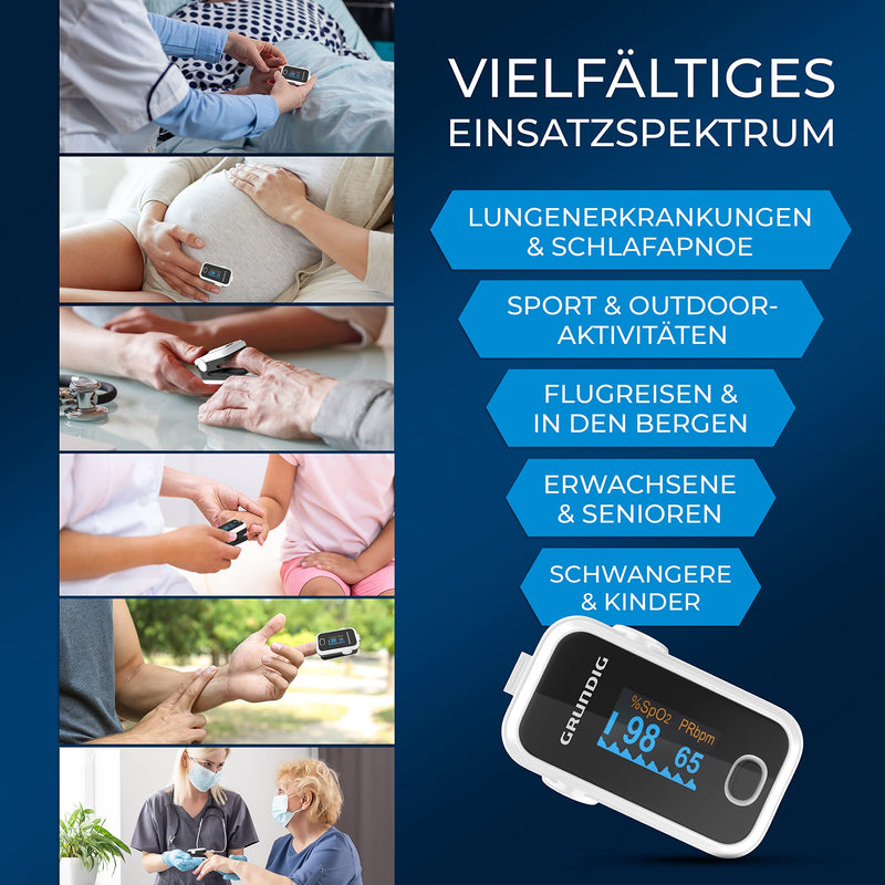 GRUNDIG Pulse Oximeter Oxygen Saturation Oximeter Test Winner - High Precision Finger Oximeter Meter for Accurate Measurement of Oxygen Saturation in the Blood - Finger Measuring Device Pulse Monitor White