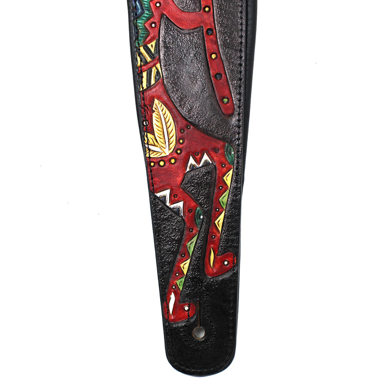 Walker And Williams KB-56-BLK Handmade 3" Wide Black Padded Guitar Strap With Carved Red Kokopelli Design On Premium Black Leather For Acoustic, Electric, And Bass Guitars