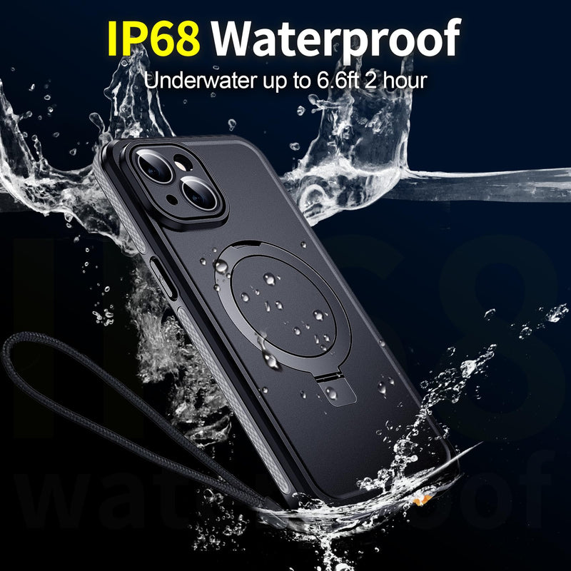Hualele for iPhone 15 Waterproof Case Ultra Magnetic with Stand, Built-in Screen & Lens Protector [IP68 Underwater][Military Dropproof] [Compatible with MagSafe] Kickstand Case-Grey Black/Grey