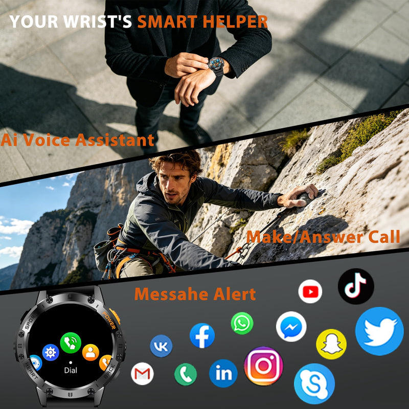 Military Smart Watches for Men, Answer/Make Calls, Fitness Tracker with Heart Rate/Sleep Monitor/3 Straps/Flashlight, 100+ Sport Modes, IP68 Waterproof Rugged Watch for iPhone/Android Phones, AllBlack